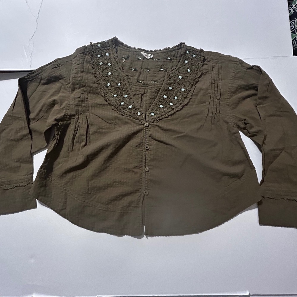 Intimately Free People Olive Green Embroidered Lace Collar Gauze Top Medium
